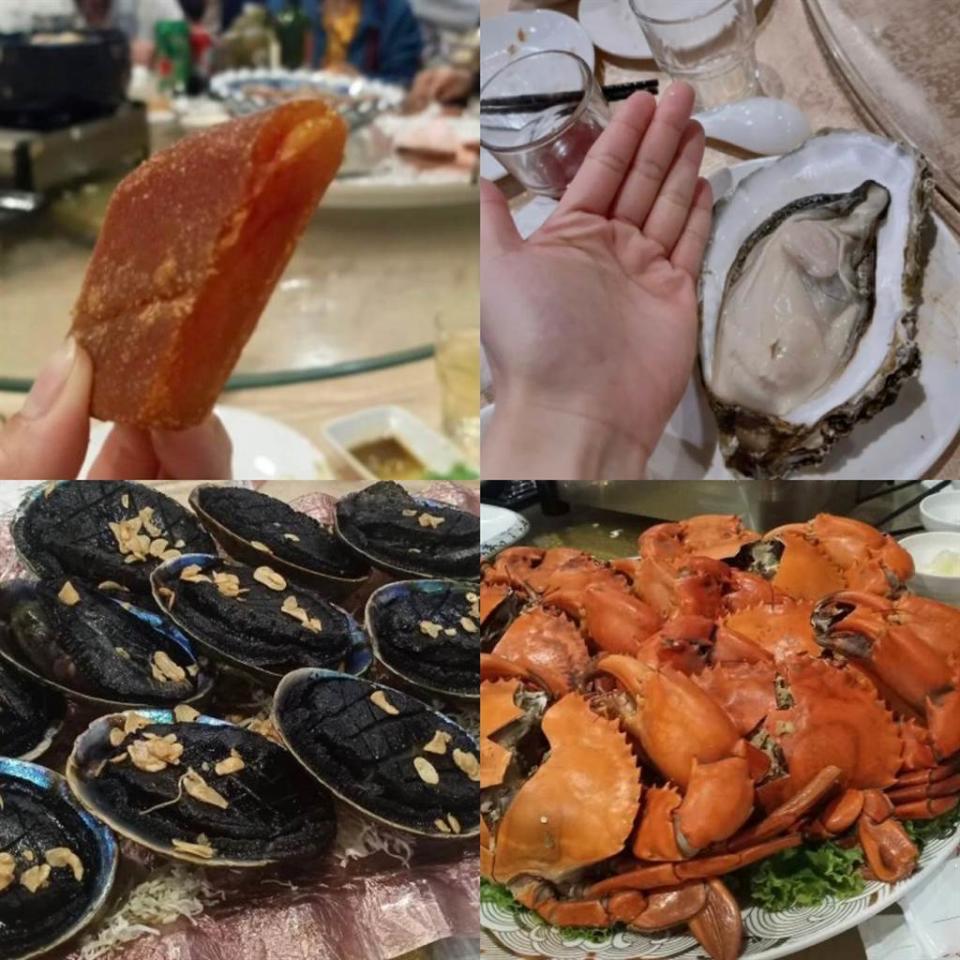 網友PO出台南超浮誇婚宴菜色，包括超厚切烏魚子、巨大黑鮑魚、超肥大生蠔，還有兩種螃蟹。(組圖/截自Dcard)