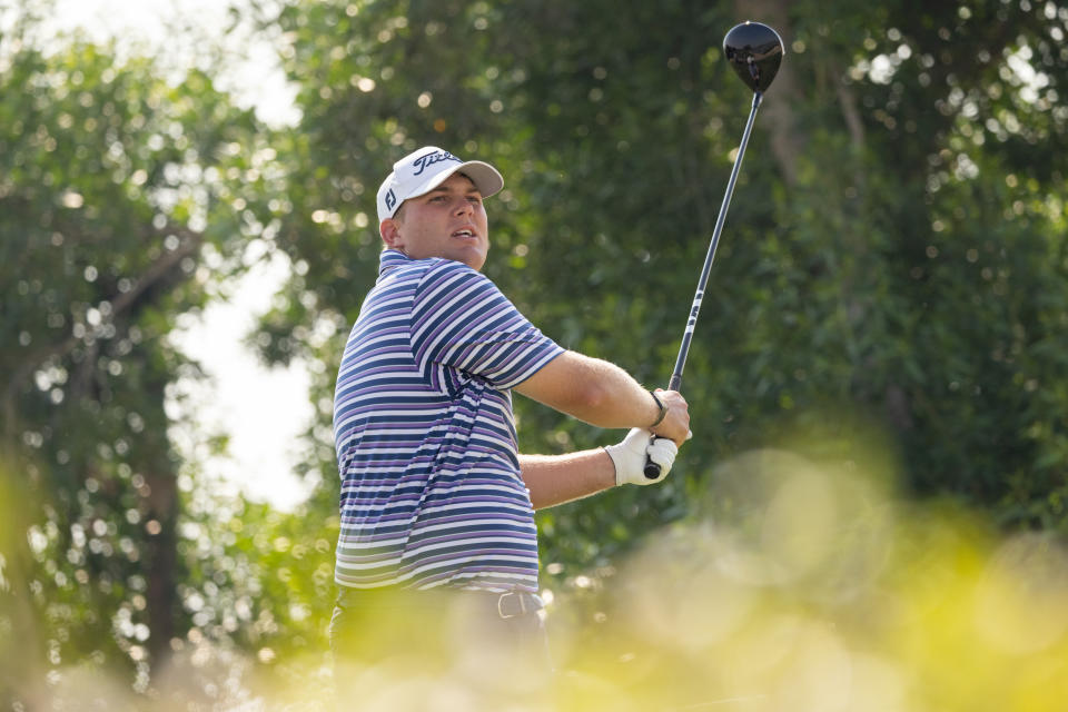 Braden Thornberry of the USA hits his shot from the 17th tee during the second round of the LIV Golf Promotions at the Abu Dhabi Golf Club on Saturday, December 09, 2023 in Abu Dhabi, United Arab Emirates. (Photo by Chris Trotman/LIV Golf)