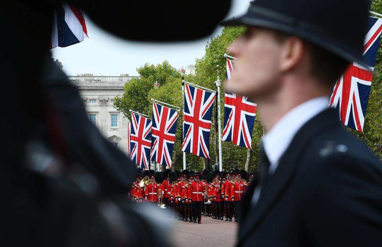 Band of the Coldstream Guards play during the State Funeral of Queen Elizabeth II on September 19, 2022 in London, England. Elizabeth Alexandra Mary Windsor was born in Bruton Street, Mayfair, London on 21 April 1926.