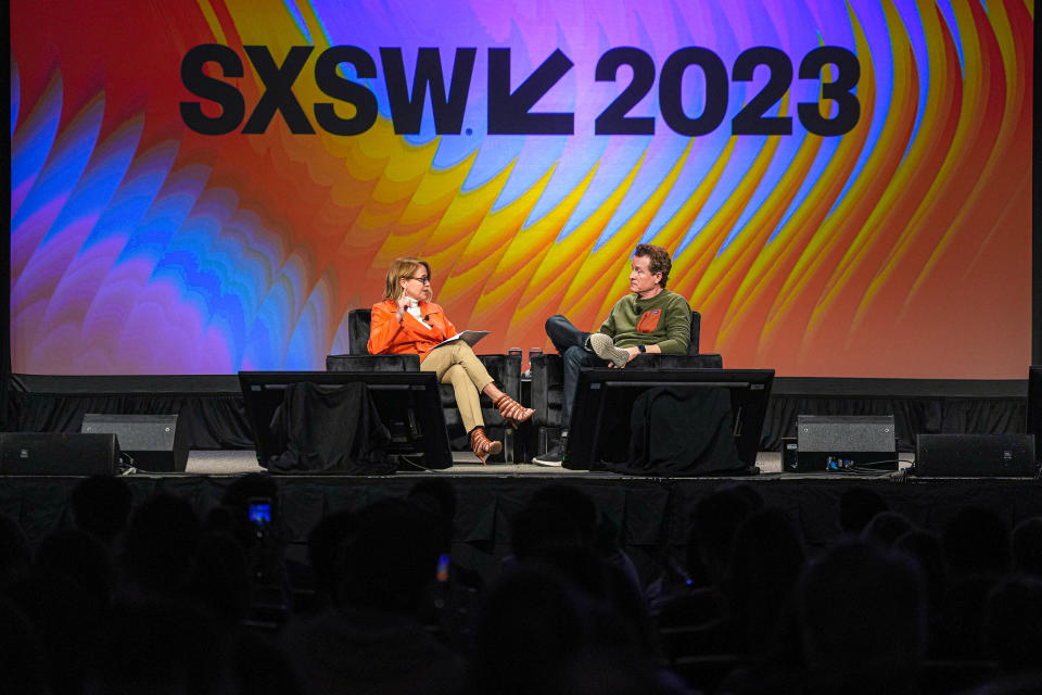 Patagonia CEO Ryan Gellert, right, is interviewed by journalist Katie Couric, left, at a South by Southwest Keynote event in the Austin Convention Center on March 12, 2023.