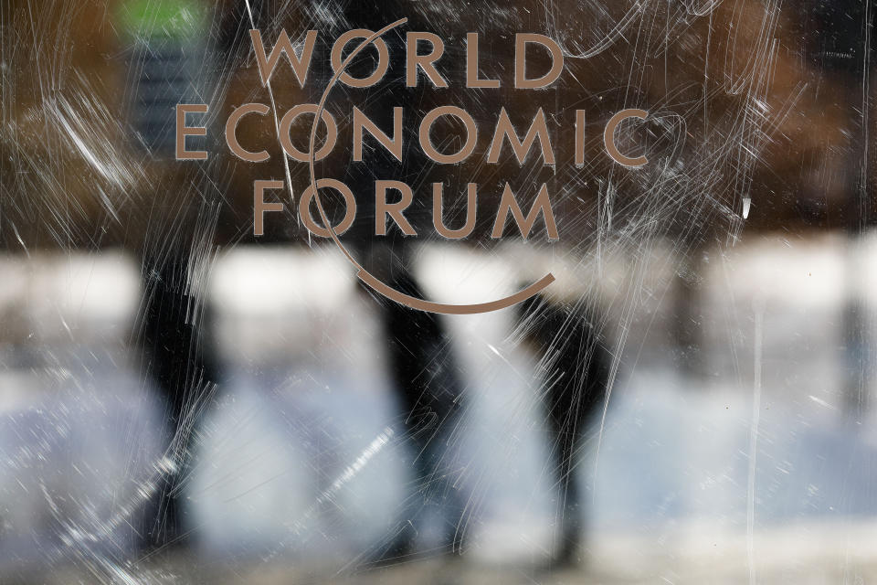 The logo of the World Economy Forum is displayed on a door at the Congress Centre in Davos, Switzerland, Sunday, Jan. 19, 2020. The 50th annual meeting of the World Economic Forum will take place in Davos from Jan. 20 until Jan. 24, 2020. (AP Photo/Markus Schreiber)