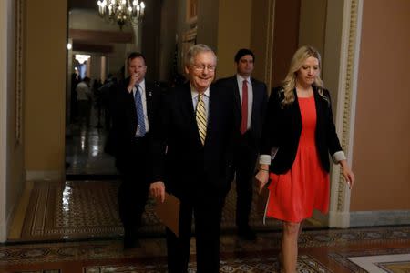 Senate Majority Leader Mitch McConnell leaves his office ahead of today's vote on the health care bill on Capitol Hill in Washington, U.S., July 25, 2017. REUTERS/Aaron P. Bernstein