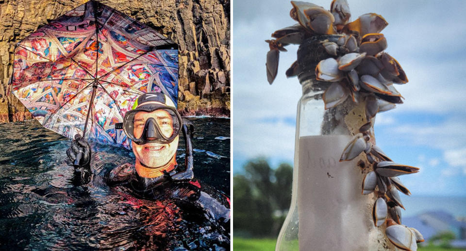 The message in a bottle pictured right, and left Scott Gutterson with an umbrella found while swimming.