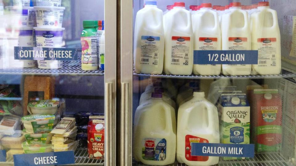 Refrigerated items at the St. Vincent de Paul Overland Food Pantry include milk, cheese and other dairy products. They are mostly provided by local partners and grocery stores.