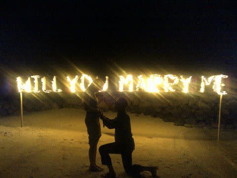 Nick's proposal to Holly last year in the Maldives. Credit: Holly Valance/Twitter
