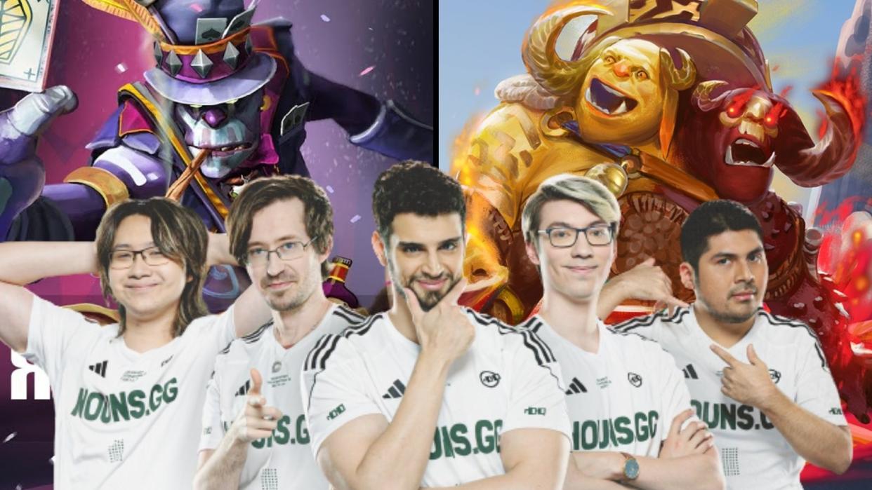 North America's Nouns Esports made good use of unorthodox drafts to pull off a huge 2-0 upset over defending champions Tundra Esports in phase two of The International 2023 Group Stage. Pictured (from left to right): Nouns Esports Yamsun, Moo, Lelis, Gunnar, K1. (Photos: Nouns Esports, Valve Software)