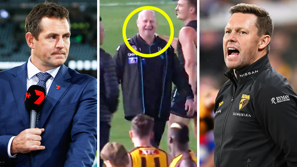 AFL greats Sam Mitchell (pictured right) and Luke Hodge (pictured left) have been called out for bringing up Ken Hinkley's (pictured middle) age in the swipe at the Port Adelaide coach after Friday night's antics. (Images: Getty Images/Fox Sports)