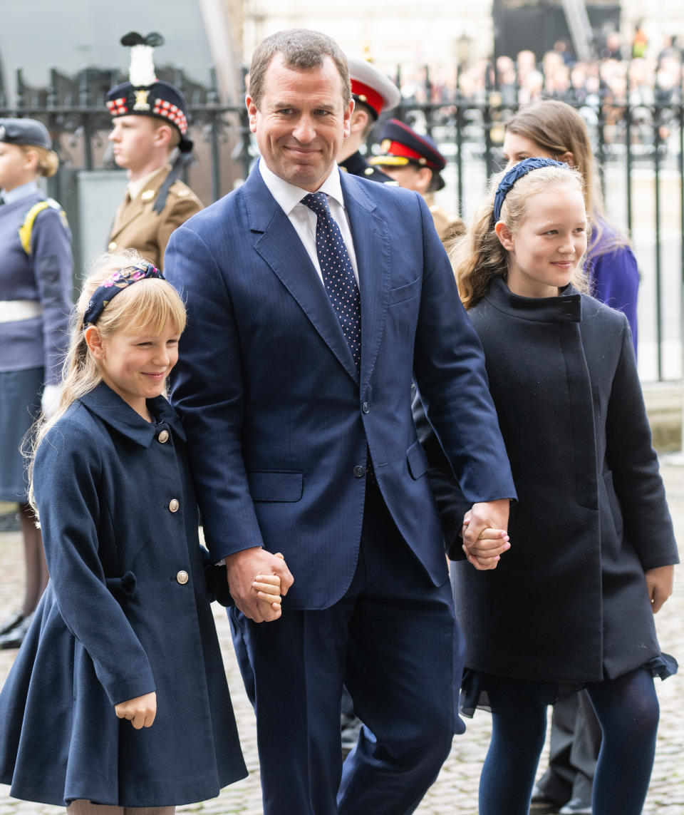 LONDON, ENGLAND - MARCH 29:  Peter Philips, Savannah Philips and Isla Phillips at the Memorial service for The Duke Of Edinburgh Westminster Abbey on March 29, 2022 in London, England. (Photo by Samir Hussein/WireImage)