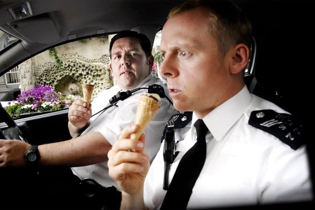 <p>Everett Collection</p> Nick Frost and Simon Pegg in 'Hot Fuzz'