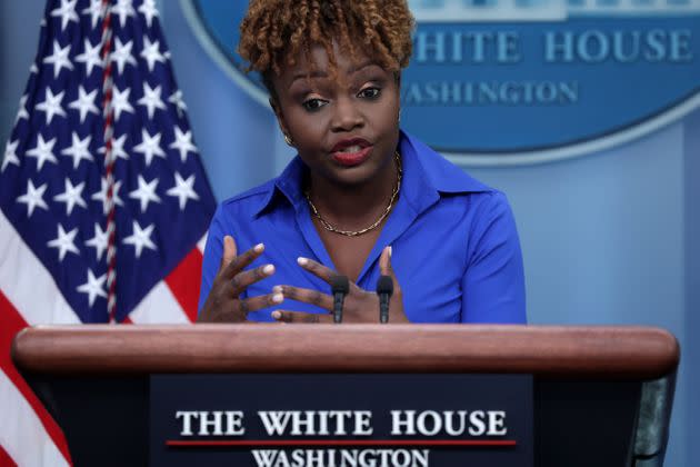 White House Press Secretary Karine Jean-Pierre speaks during a daily news briefing at the James S. Brady Press Briefing Room of the White House on Tuesday in Washington, D.C.