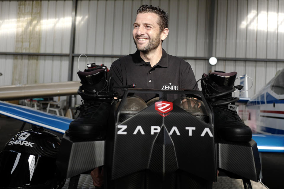 Franky Zapata, "Le Rocketman", a 40-year-old inventor, prepares for his training flight over the Saint Iglevert airport near Calais, Northern France, Wednesday July 24, 2019.Zapata, a 40-year-old inventor, will attempt on Thursday, to fly into the record books by becoming the first person in human history to zoom across the Channel aboard a jet-powered 'hover-board'. (Photo/Michel Spingler)