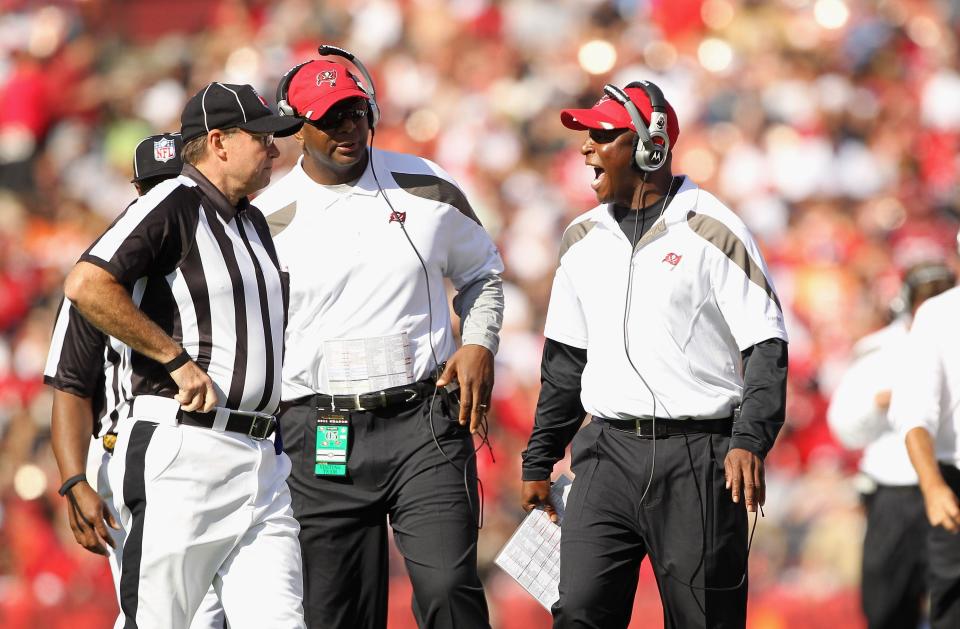 SAN FRANCISCO, CA - OCTOBER 09:  Head coach Raheem Morris of the Tampa Bay Buccaneers argues with a referee during their game against the San Francisco 49ers at Candlestick Park on October 9, 2011 in San Francisco, California.  (Photo by Ezra Shaw/Getty Images) 