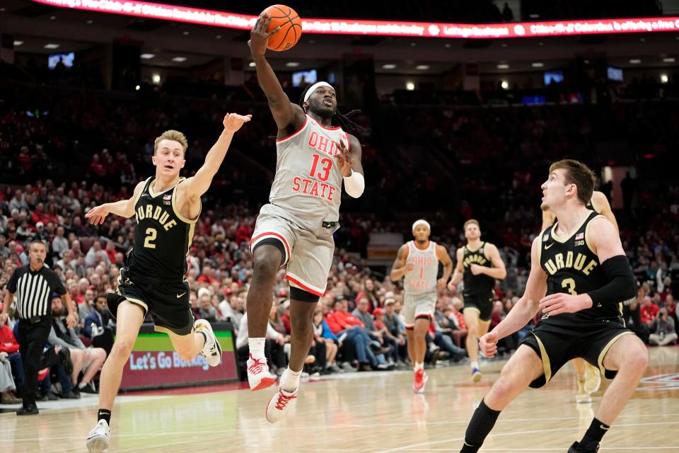 Ohio State's Isaac Likekele drives to the basket against Purdue.