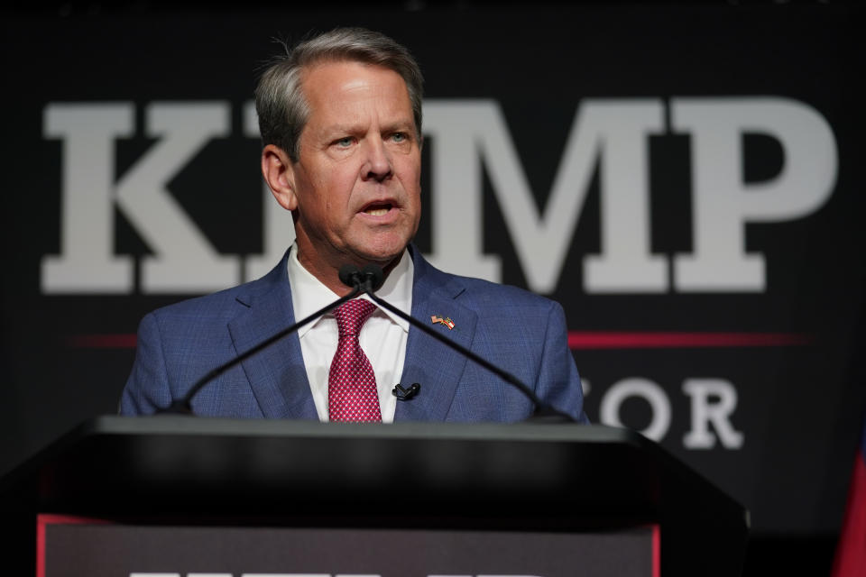 FILE - Georgia Gov. Brian Kemp speaks during an election-night watch party May 24, 2022, in Atlanta. As an incumbent seeking reelection, Kemp had an advantage over his primary rival, David Perdue, and ultimately defeated him by nearly 52 percentage points. (AP Photo/John Bazemore, File)