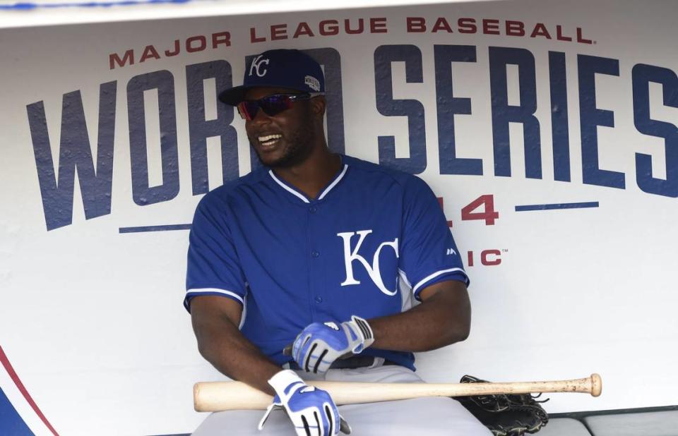 Kansas City Royals center fielder Lorenzo Cain was all smiles in the dugout prior to the start of batting practice before they met San Francisco Giants in game four of the World Series on Saturday, October 25, 2014 at AT&T Park in San Francisco, Calif.
