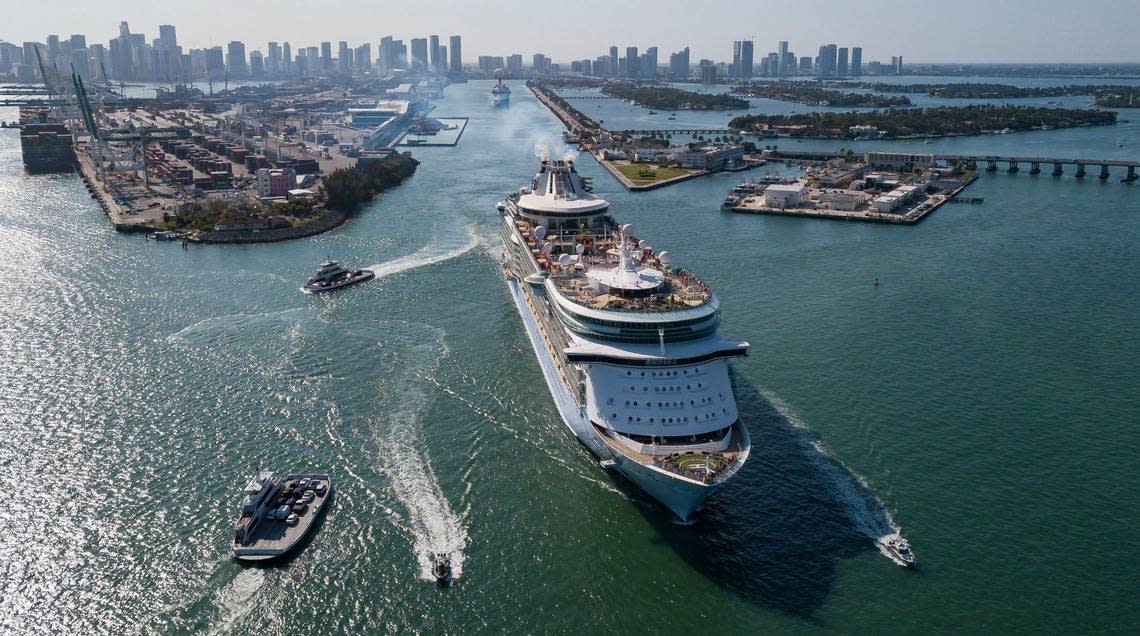 Royal Caribbean’s Freedom of the Seas leaves PortMiami on Friday, April 12, 2024, in Miami, Fla.