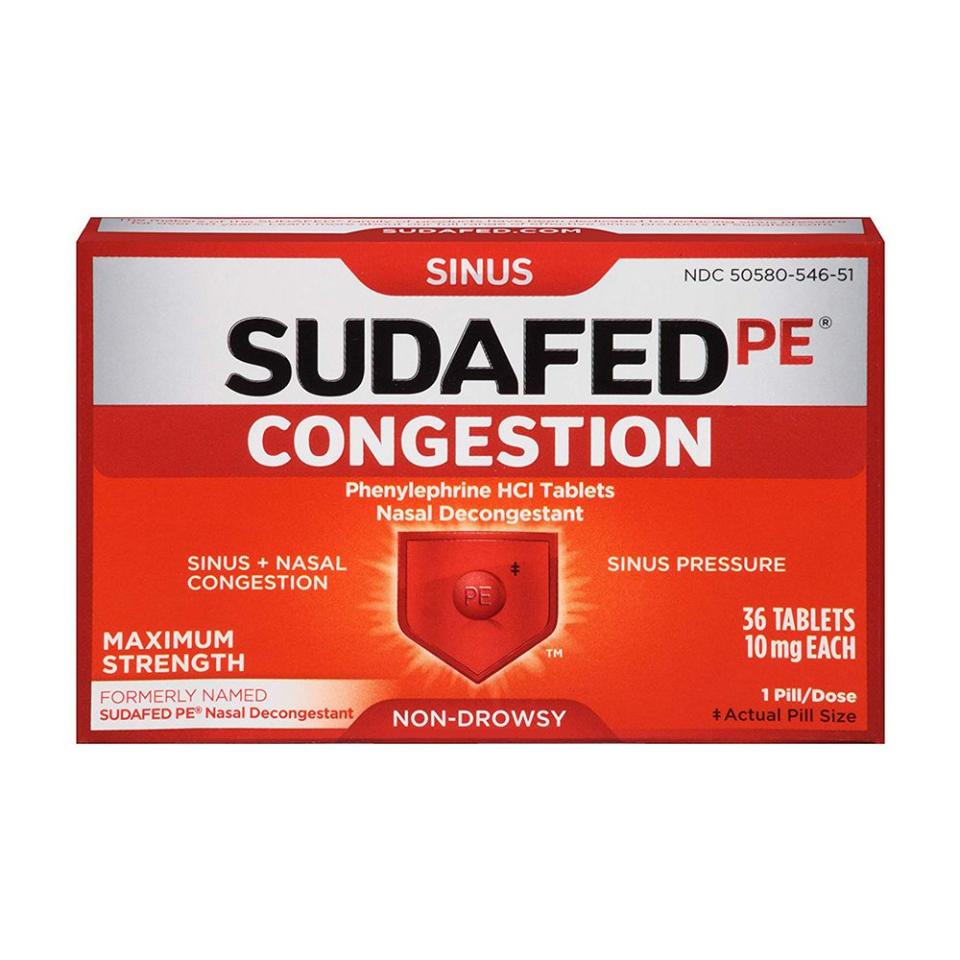 <p><strong>Sudafed</strong></p><p>amazon.com</p><p><strong>$5.69</strong></p><p><a rel="nofollow noopener" href="https://www.amazon.com/dp/B018GX9HII" target="_blank" data-ylk="slk:Shop Now;elm:context_link;itc:0;sec:content-canvas" class="link ">Shop Now</a></p><p><strong>Best for Congestion</strong></p><p>For stuffed sinuses, we recommend Sudafed. It’s the perfect remedy for a stuffy nose and that awful feeling that your head is full of concrete. Kristin Dean, M.D., the associate medical director at Doctor on Demand, <a rel="nofollow noopener" href="https://www.womenshealthmag.com/health/a22619772/best-sinus-infection-medicine/" target="_blank" data-ylk="slk:told our colleagues;elm:context_link;itc:0;sec:content-canvas" class="link ">told our colleagues</a> at <em>Women’s Health</em> that she recommends Sudafed to knock out nasal congestion. </p><p>The drug’s main active ingredient, pseudoephedrine, shrinks blood vessels in the nasal passages to relieve your stuffy nose and sinus pain or pressure caused by the common cold.<br></p>