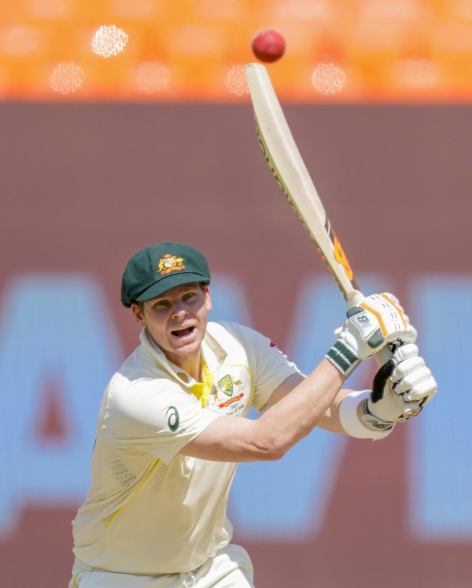 Australia's captain Steve Smith watches the ball after playing a shot during the first day of the fourth cricket test match between India and Australia in Ahmedabad, India, Thursday, March 9, 2023. (AP Photo/Ajit Solanki)