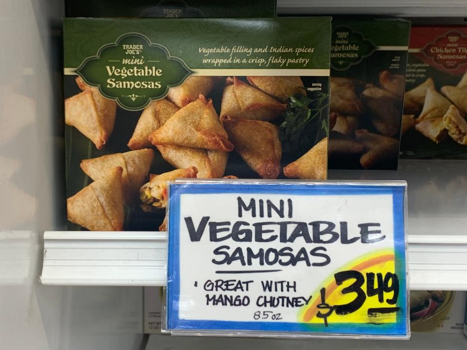 mini vegetable samosas in the freezer aisle at trader joes