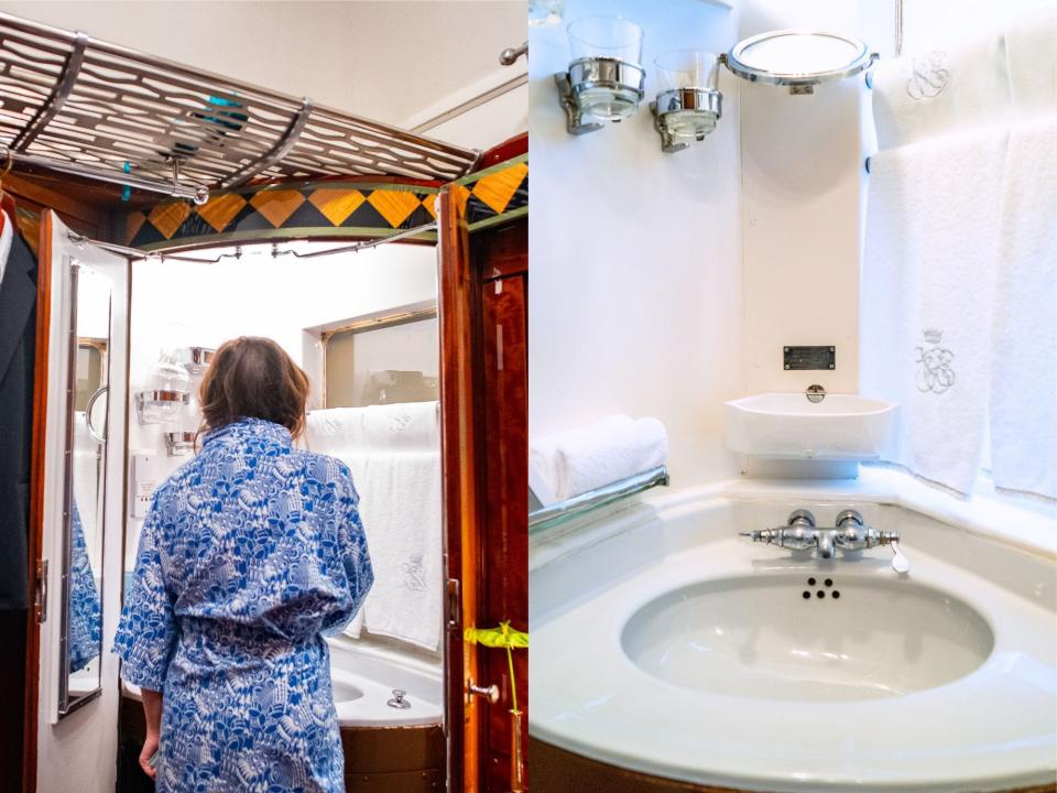 Left: The author stands in front of a sink and mirror in a blue robe. Right: A white sink with a circular swivel mirror