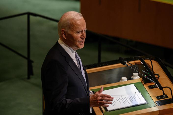 President Biden addresses the 77th session of the United Nations General Assembly at the UN headquarters in New York City on September 21, 2022. (Photo by Ed JONES / AFP) (Photo by ED JONES/AFP via Getty Images)