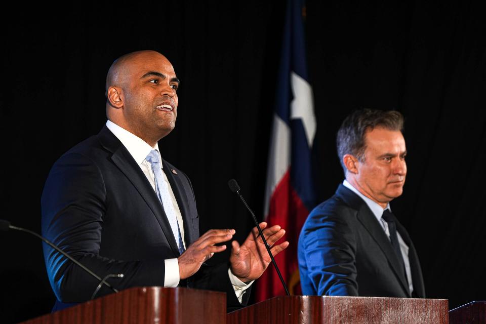 U.S. Rep. Colin Allred, left, and state Sen. Roland Gutierrez have different opinions on the latest immigration bill.