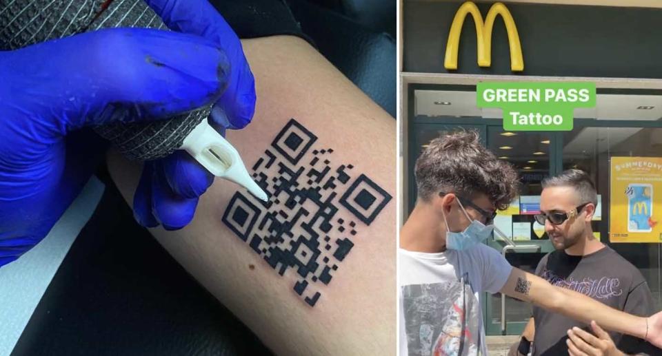 A QR code for an Italian Green Pass is seen on a man's arm. He's also seen outside a McDonald's with tattoo artist Gabriele Pellerone.