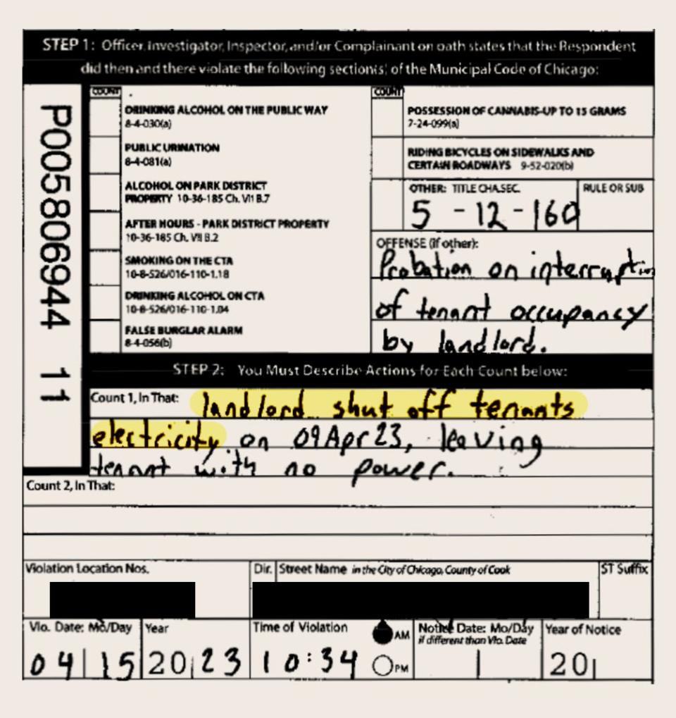 A ticket given to a landlord by the Chicago police