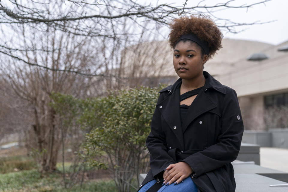 Kaniya Harris, a senior at American University, poses for a portrait at the university's campus in Washington, Monday, Feb. 12, 2024. Abortion rights advocates are trying to get initiatives to protect reproductive on the ballot in several states this year, and one major difference has emerged in their proposed language — whether to include mental health as an exception. (AP Photo/Stephanie Scarbrough)