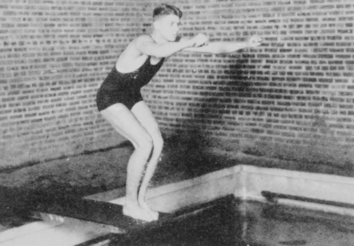 Republican presidential candidate Ronald Reagan shown in file photos made while he attended Eureka College. Preparing to dive.