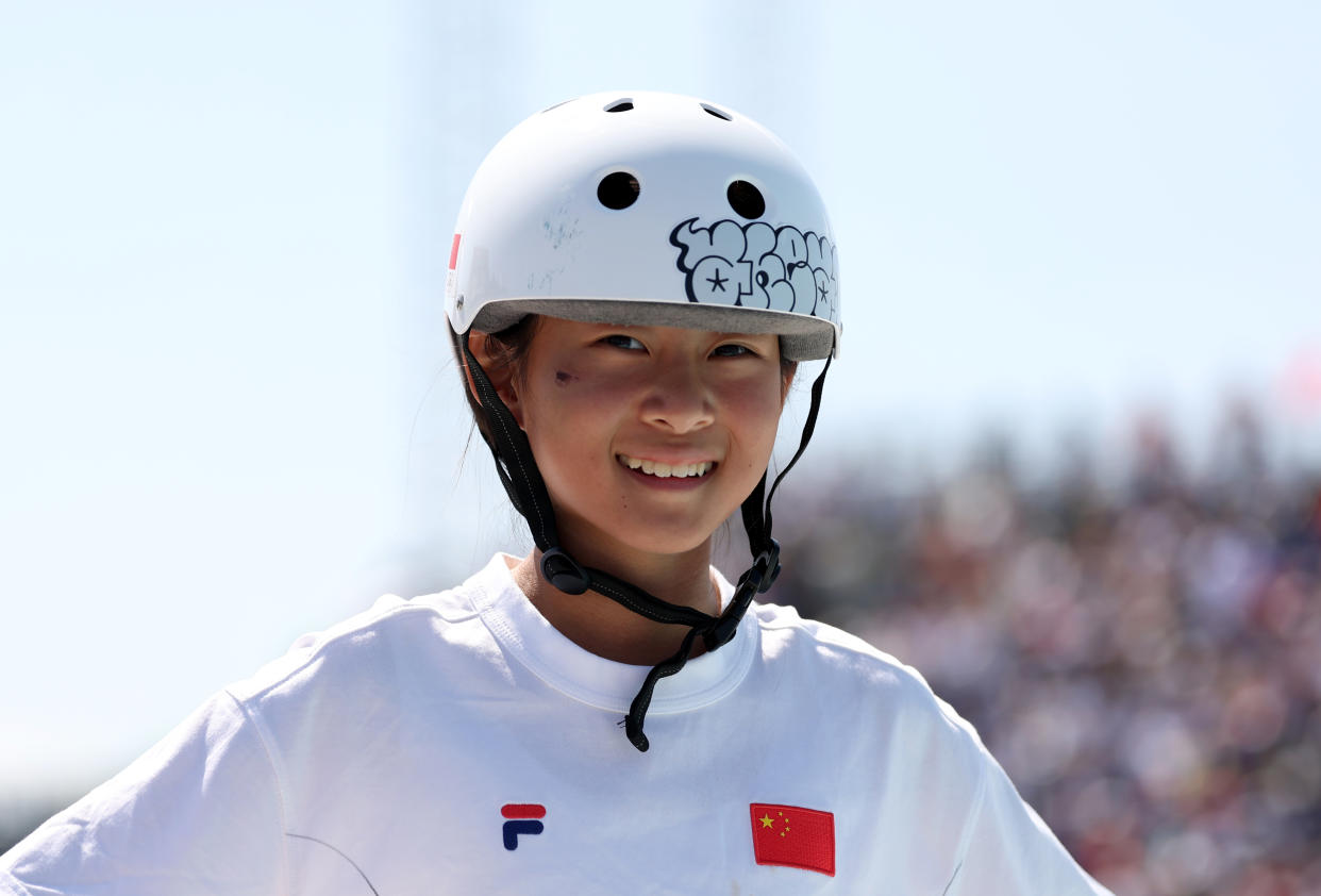 Zeng Haohao of China reacts during the Olympic Games skateboarding competition in France. (Photo by Ezra Shaw/Getty Images)