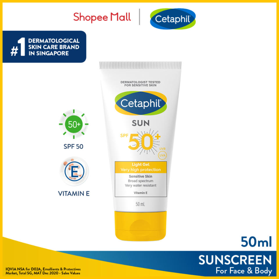 CETAPHIL Sun SPF 50+ Light Gel Sunscreen 50ml [For Sensitive Skin, Face & Body] with Soothing Vitamin E. (Photo: Shopee SG)