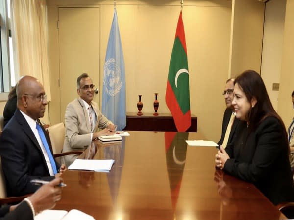 Union Minister of State (MoS) for External Affairs Meenakshi Lekhi meeting Abdulla Shahid, UNGA President-elect. Picture Courtesy: Twitter/M_Lekhi