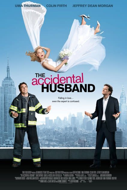 <b>The Accidental Husband</b> <br> Firstly, Jeffrey Dean Morgan and Colin Firth aren’t even looking at the falling Uma Thurman. Much more worrying though are Firth’s hands - they're freakishly big compared to the rest of his suspiciously puny body.