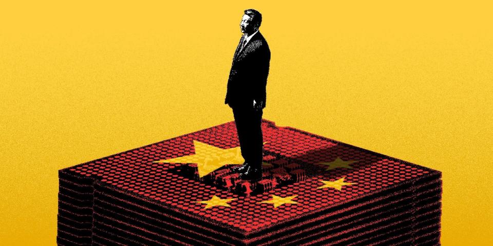 A photo illustration of Xi Jinping standing on a pile of microchips with the Chinese flag on top.