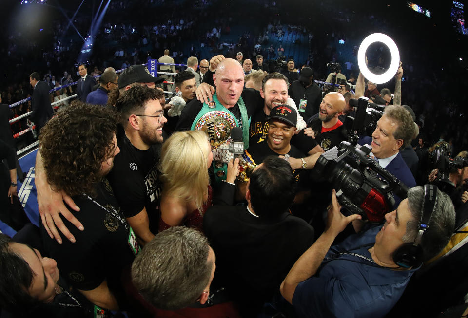 LAS VEGAS, NEVADA - FEBRUARY 22: Tyson Fury celebrates his win by TKO in the seventh round against Deontay Wilder in the Heavyweight bout for Wilder's WBC and Fury's lineal heavyweight title on February 22, 2020 at MGM Grand Garden Arena in Las Vegas, Nevada. (Photo by Al Bello/Getty Images)