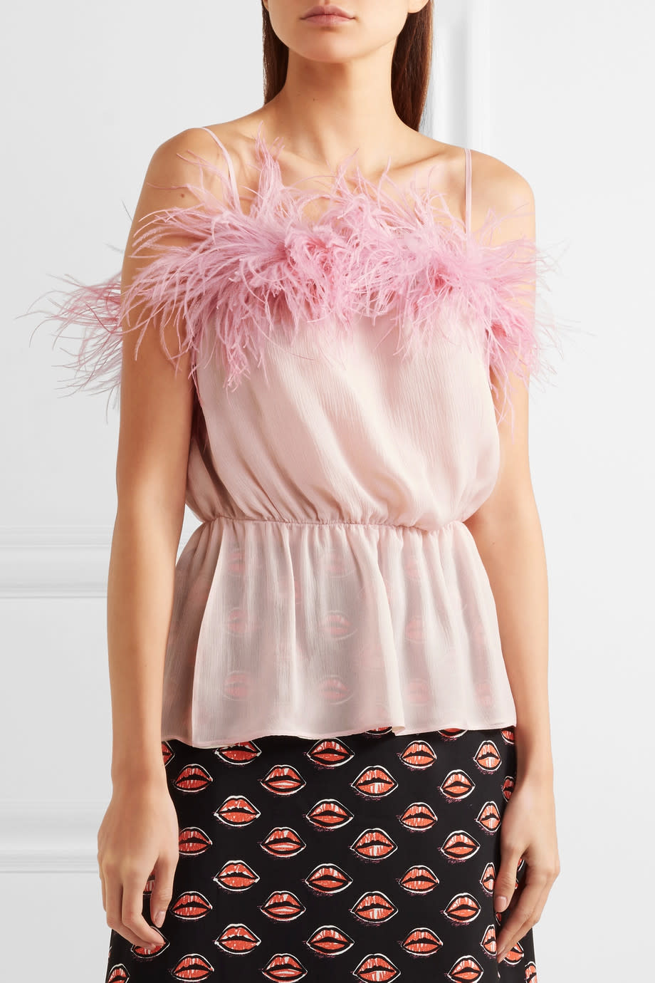Feather-trimmed crinkled silk-chiffon camisole