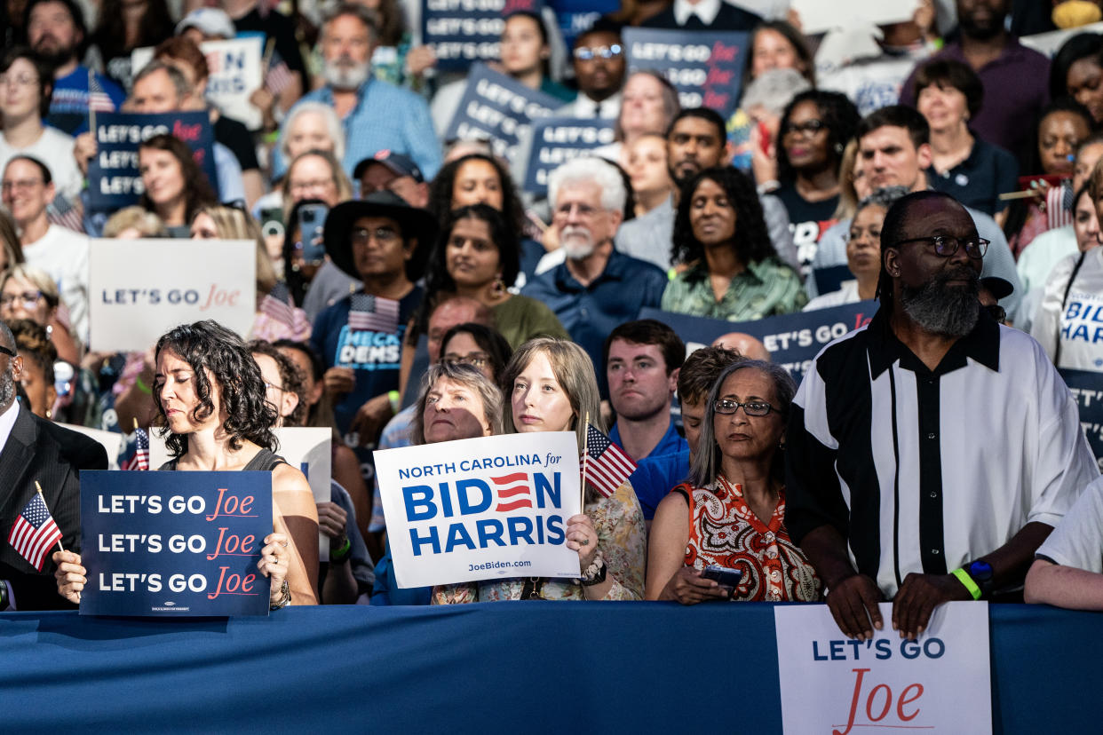 Supporters listen as President Joe Biden speaks at a reelection campaign rally in Raleigh, N.C., on Friday, June 28, 2024, one day after his debate with former President Donald Trump. (Haiyun Jiang/ The New York Times)