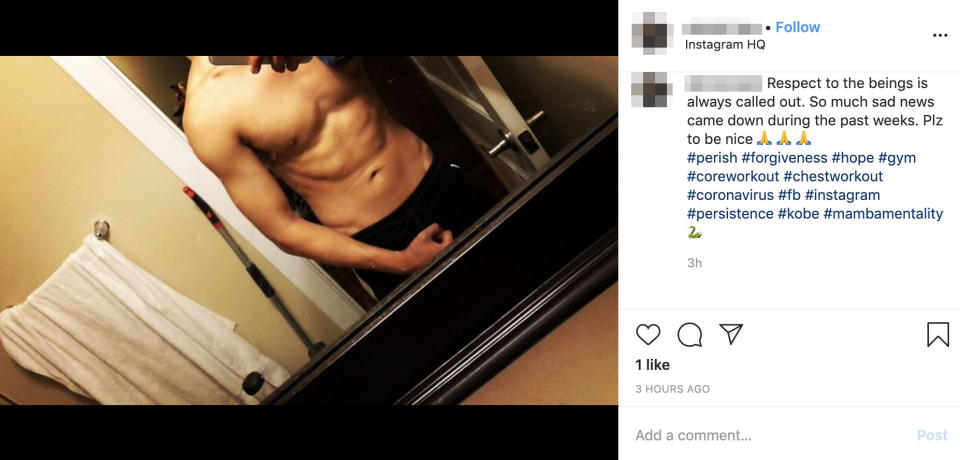 One man shared a topless photo, using the hashtag alongside #chestworkout and #kobe in reference to the basketball star's recent death. Source: Instagram