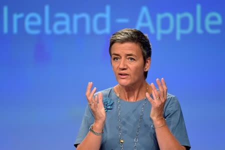 European Commissioner Margrethe Vestager gestures during a news conference on Ireland's tax dealings with Apple Inc at the European Commission in Brussels, Belgium August 30, 2016. REUTERS/Eric Vidal