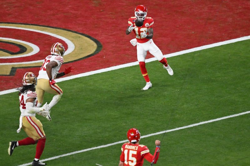 Kansas City Chiefs wide receiver Mecole Hardman catches the game-winning touchdown pass from quarterback Patrick Mahomes to defeat the San Francisco 49ers 25-22 in overtime to win Super Bowl LVIII on Sunday at Allegiant Stadium in Las Vegas. Photo by Jon SooHoo/UPI
