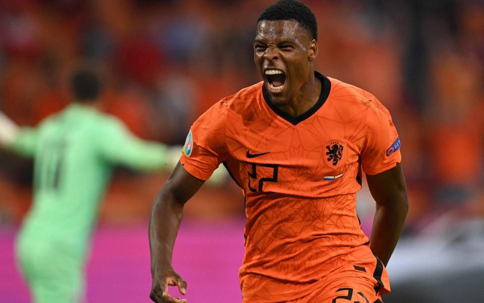 Denzel Dumfries celebrates after making it 2-0 to the Netherlands - AFP