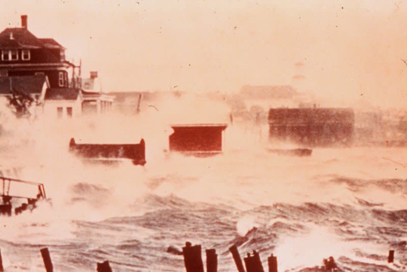Storm surge from Hurricane Carol batters the coast of Connecticut on August 31, 1954. On August 30, 1954, Hurricane Carol prompted evacuations in North Carolina. File Photo courtesy NOAA