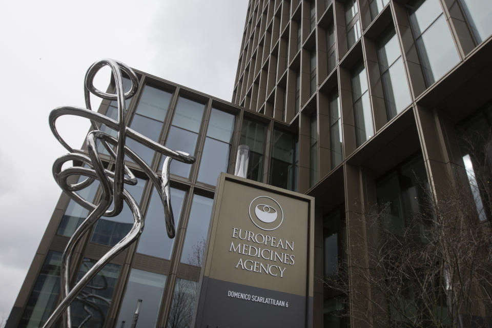 The exterior of the European Medicines Agency, EMA, is seen in Amsterdam, Netherlands, Tuesday March 16, 2021. At least a dozen countries including Germany, France, Italy and Spain have now temporarily suspended their use of AstraZeneca's coronavirus vaccine after reports last week that some people in Denmark and Norway who got a dose developed blood clots, even though there's no evidence that the shot was responsible. The European Medicines Agency and the World Health Organization say the data available don't suggest the vaccine caused the clots and that people should continue to be immunized. (AP Photo/Peter Dejong)