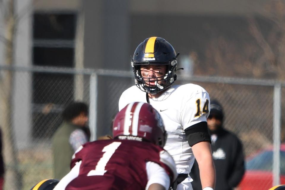 Quarterback Cooper Nye looks to the sideline for a call during Airport's 45-19 loss to Harper Woods in a Division 4 Regional championship game Saturday.