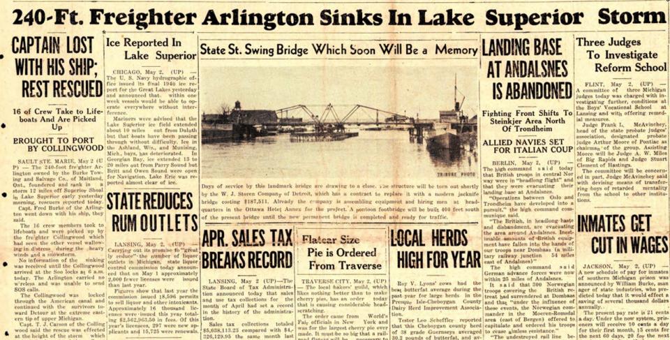 The May 2, 1940 edition of the Cheboygan Daily Tribune carried news about the sinking of the 244-foot bulk carrier Arlington.