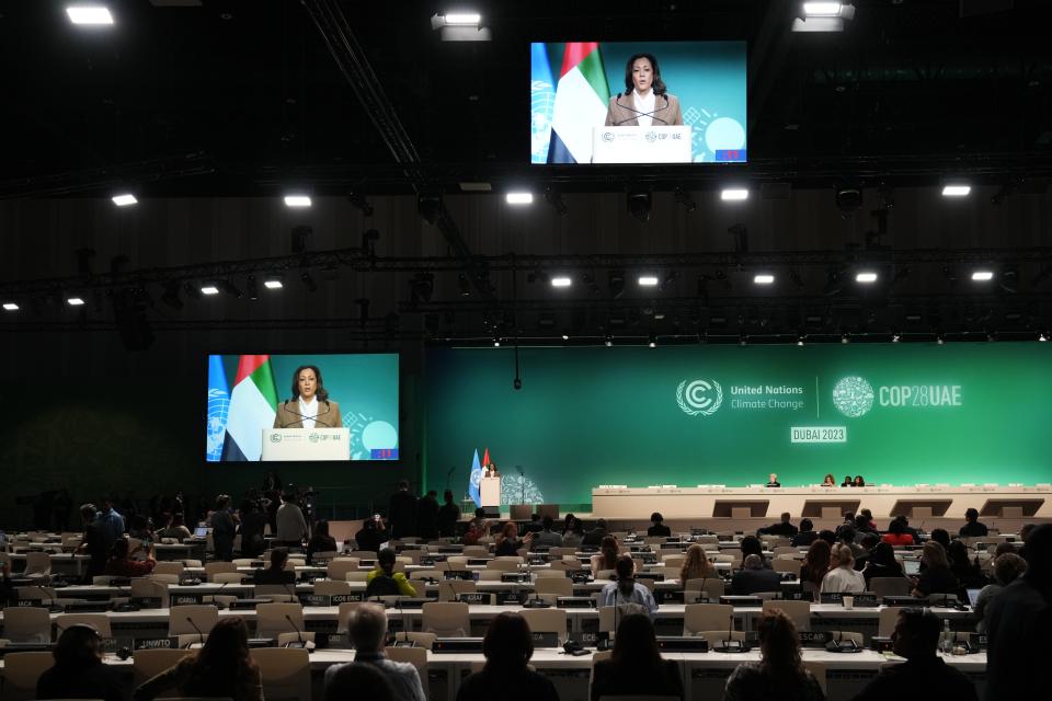 Vice President Kamala Harris speaks during a plenary session at the COP28 U.N. Climate Summit, Saturday, Dec. 2, 2023, in Dubai, United Arab Emirates. (AP Photo/Rafiq Maqbool)