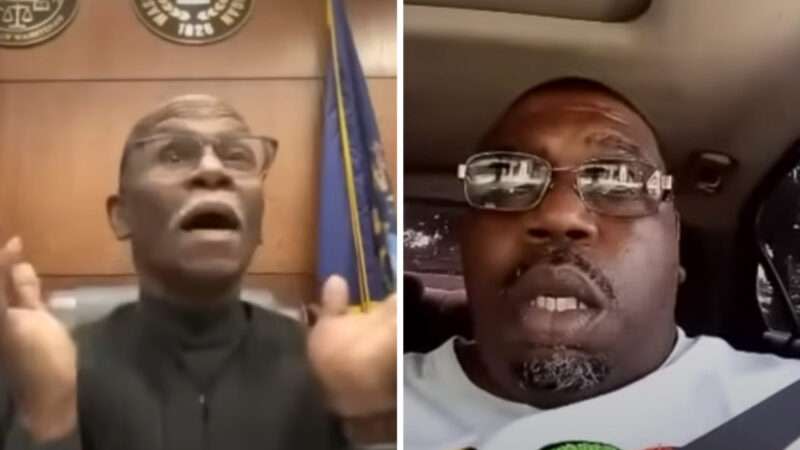 Judge Cedric Simpson (left) reacts during Corey Harris' (right) hearing
