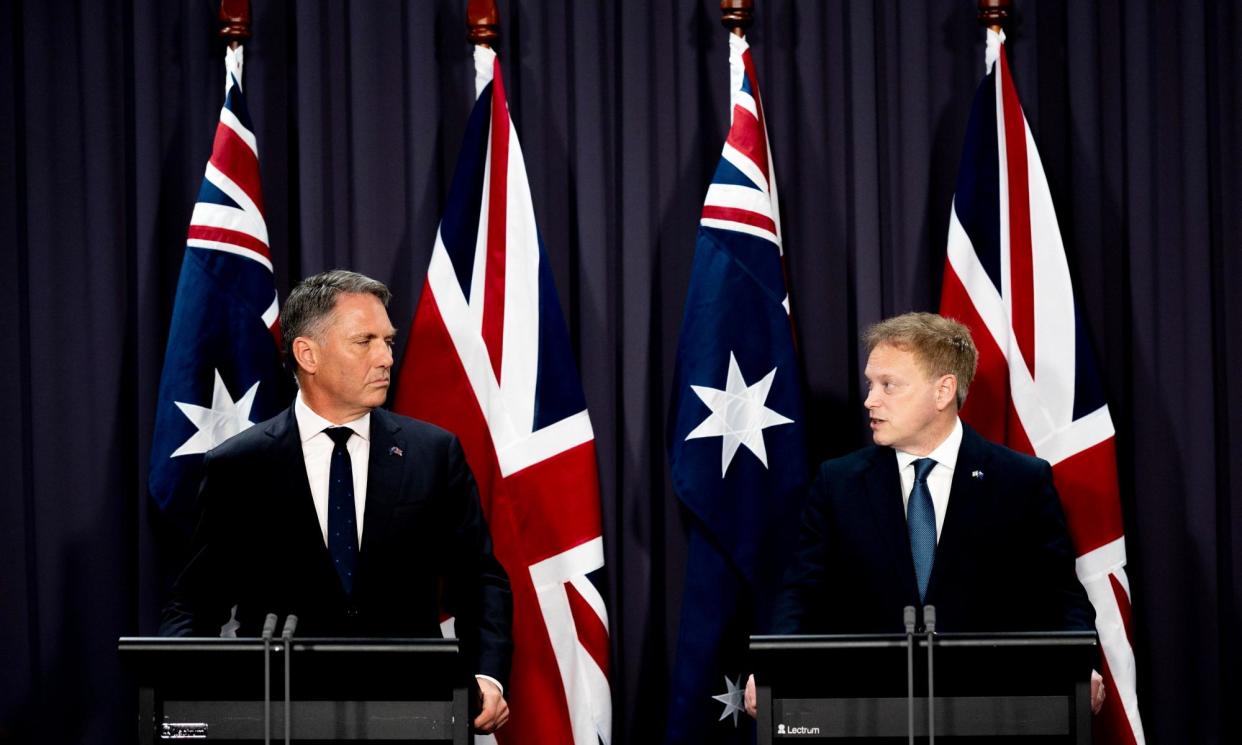 <span>Australian defence minister Richard Marles with his British counterpart Grant Shapps in Canberra yesterday.</span><span>Photograph: Jay Cronan/Australian Department of Defence/PA</span>