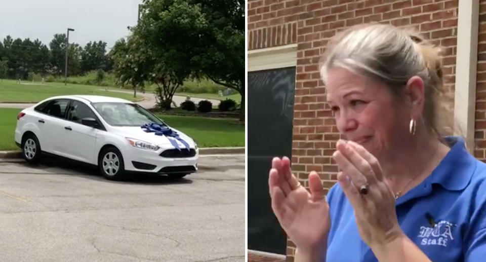 A CEO mum has given her son’s teacher (pictured right) a brand new car (pictured left), after learning that she took multiple buses to get to school
